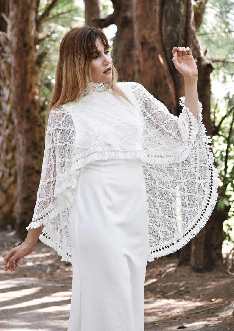 White Lace Wedding Cape, Lace Bridal Cape with Fringe Trim, Wedding Shawl, Boho Style Poncho, Bridal Cover Up, White Bolero, Bridal Cape image 9