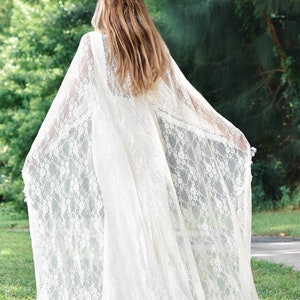 White Lace Wedding Cape, Long Lace Bridal Cape with Fringe Trim, Long Boho Style Poncho, White Bolero, White Lace Long Wedding Cape image 7