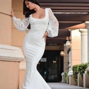 Square Neck Minimalist Wedding Dress Long Sleeves Minimalist Wedding Dress, Simple Mermaid Wedding Dress, Long Sleeve Modest Wedding image 1