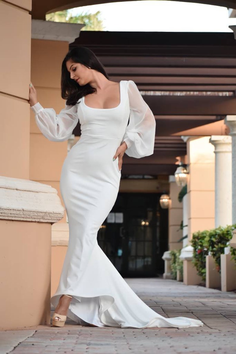 Minimalist Wedding Dress with Square Neck and Long Sleeves, Simple Mermaid Wedding Dress, Long Sleeve Modest Wedding image 2