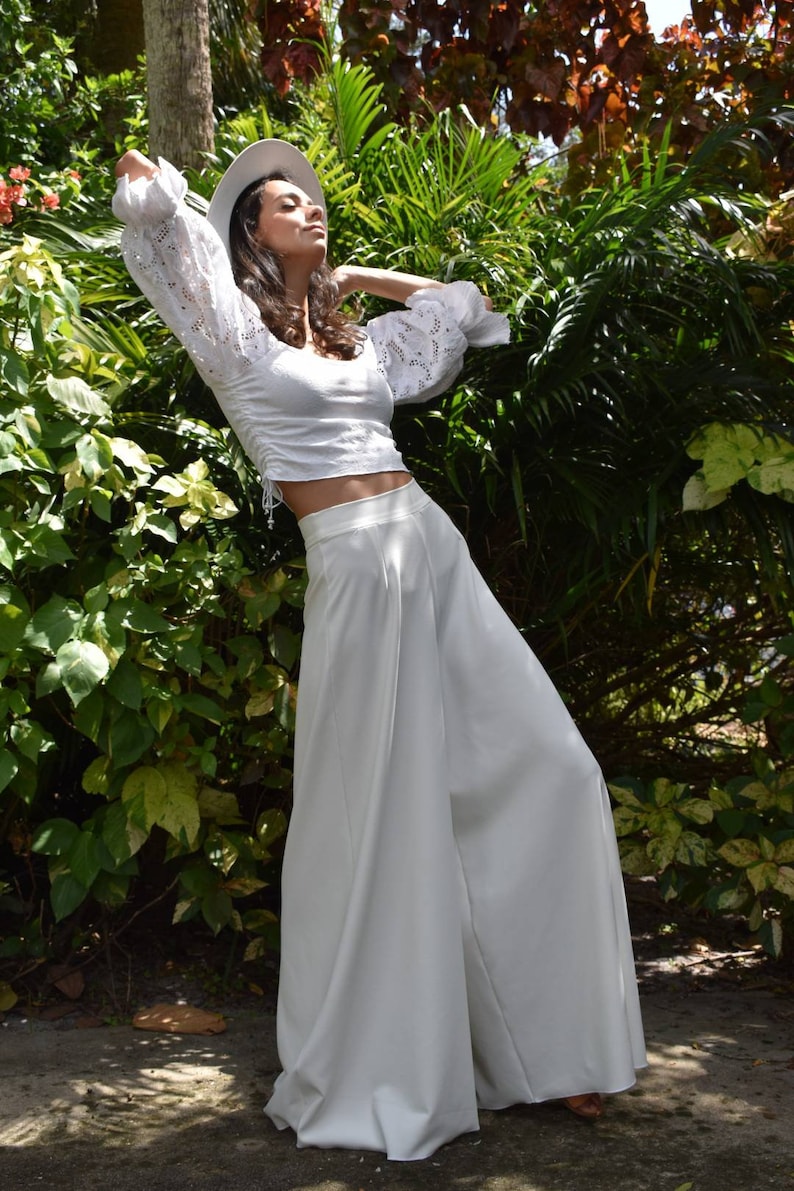 Bridal Wide Leg Pants Bridal Separates, Minimalist Modern White Pants, Long Leg Bridal Pants Bohemian Style Wide Leg Pants, Boho Pants image 4