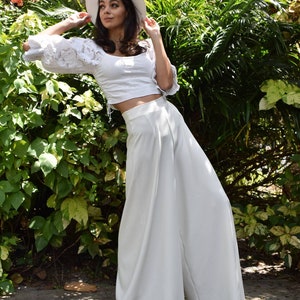 Bridal Wide Leg Pants Bridal Separates, Minimalist Modern White Pants, Long Leg Bridal Pants Bohemian Style Wide Leg Pants, Boho Pants image 5