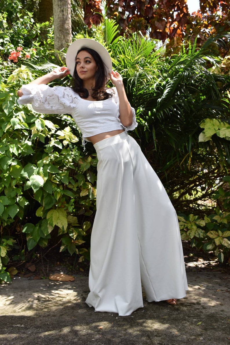 Bridal Wide Leg Pants Bridal Separates, Minimalist Modern White Pants, Long Leg Bridal Pants Bohemian Style Wide Leg Pants, Boho Pants image 5