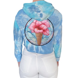 Pastel Blue Tie Dye Hoodie, Long Sleeve Hoodie with Hibiscus Flower Art