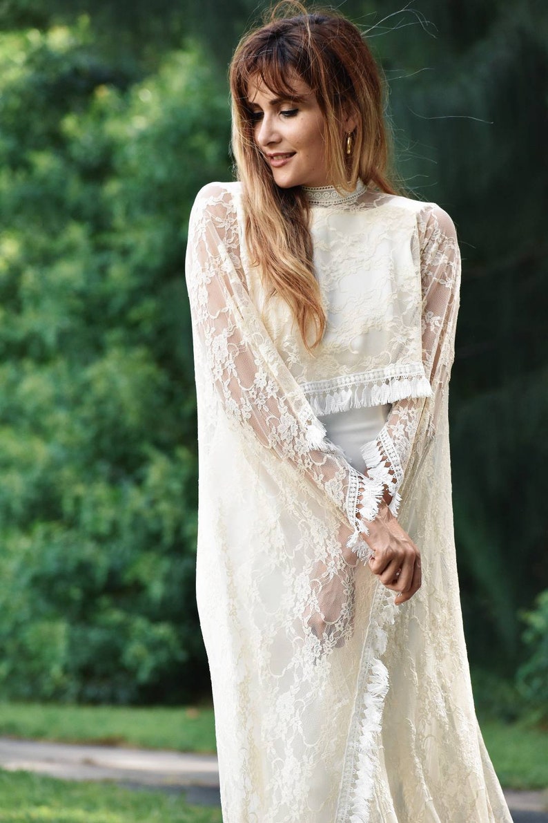 White Lace Wedding Cape, Long Lace Bridal Cape with Fringe Trim, Long Boho Style Poncho, White Bolero, White Lace Long Wedding Cape image 4