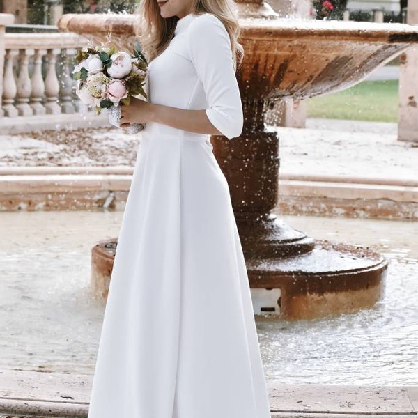 Vestido de novia minimalista con manga cuarta y escote alto, vestido de novia modesto de línea A, vestido de novia sencillo en tejido de punto crepé