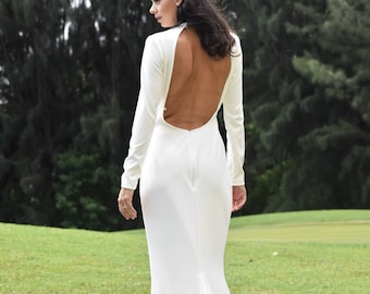 Minimalist Wedding Dress with Long Sleeves, Bohemian Bridal Dress, Simple Backless Evening Gown, White Beach Wedding Dress with Long Tail