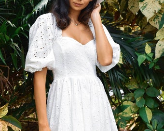 White Cotton Dress, Eyelet Cotton Retro Style Dress, Bohemian Cotton Dress with Puffy Lace Sleeves, Vintage Style White Dress, Prairie Gown