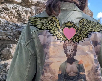 Giacca in denim oversize con disegno di Buddha