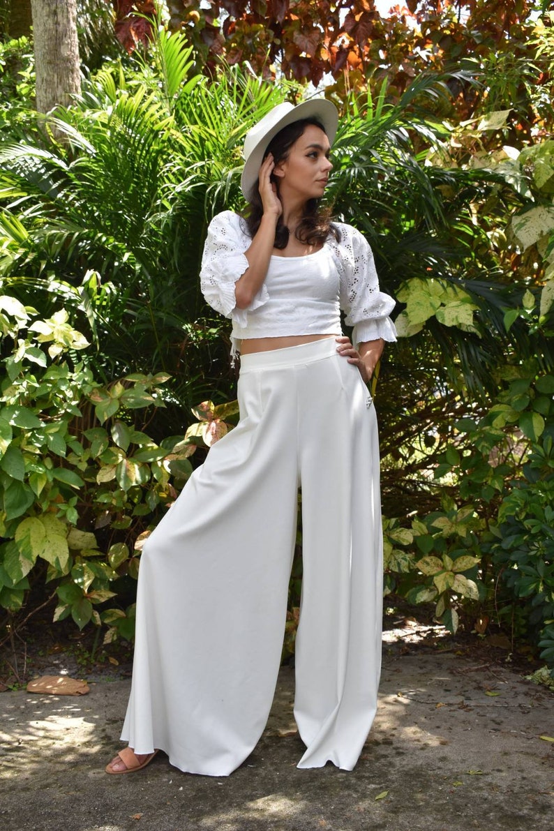 Bridal Wide Leg Pants Bridal Separates, Minimalist Modern White Pants, Long Leg Bridal Pants Bohemian Style Wide Leg Pants, Boho Pants image 9