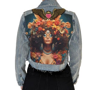 Long Sleeve Denim Jacket with Hippie Girl Art