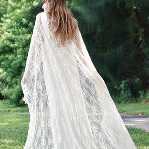 White Lace Wedding Cape, Long Lace Bridal Cape with Fringe Trim, Long Boho Style Poncho, White Bolero, White Lace Long Wedding Cape image 8