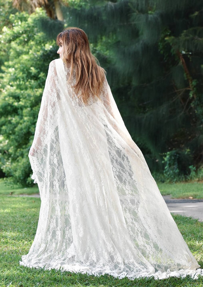 White Lace Wedding Cape, Long Lace Bridal Cape with Fringe Trim, Long Boho Style Poncho, White Bolero, White Lace Long Wedding Cape image 8