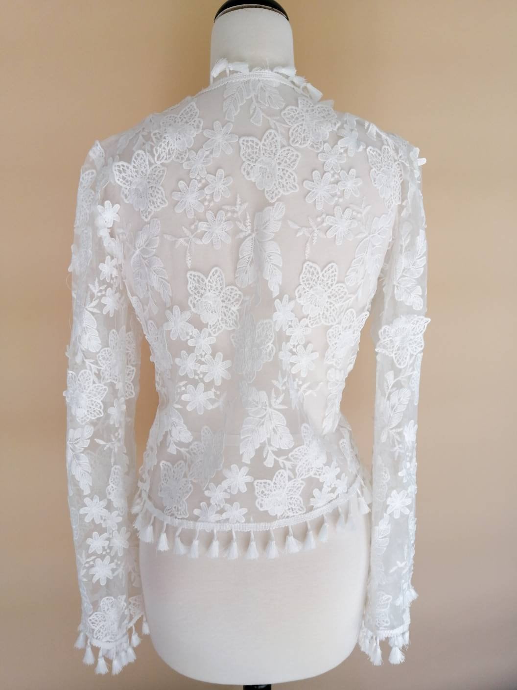 Minimalist Modern Lace Bridal Top Long Sleeve Bolero with 3D Flower Embroidered Lace Bridal Lace Top Separates with Long Sleeves