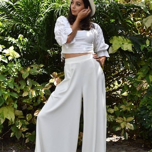 Bridal Wide Leg Pants Bridal Separates, Minimalist Modern White Pants, Long Leg Bridal Pants Bohemian Style Wide Leg Pants, Boho Pants image 2