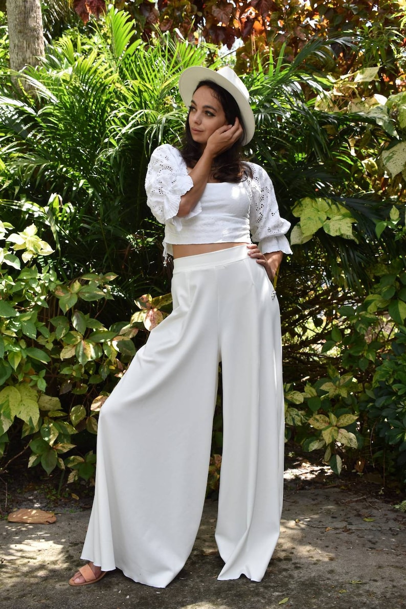 Bridal Wide Leg Pants Bridal Separates, Minimalist Modern White Pants, Long Leg Bridal Pants Bohemian Style Wide Leg Pants, Boho Pants image 2