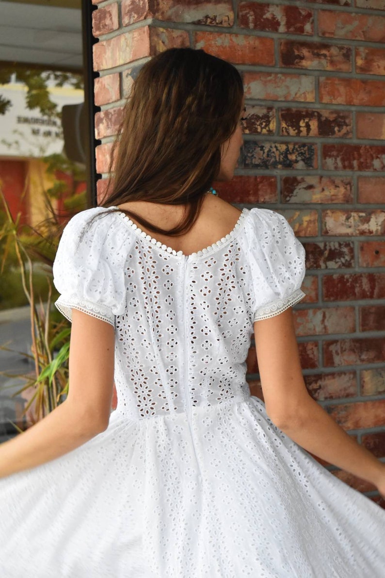 White Cotton Loretta Dress with short sleeves, Eyelet Cotton Retro Dress, Bohemian Cotton Dress, Vintage Style White Dress, Prairie Gown image 4