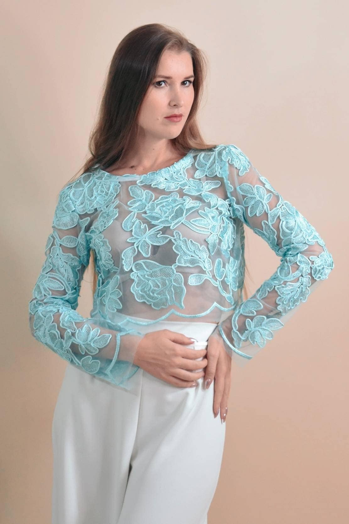 Navy lace long sleeve top cheap