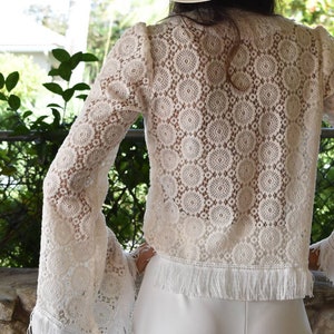 White Cotton Lace Top with Long Sleeves and Fringe Trim, Bohemian Long Sleeve Top, Vintage Style White Lace Top, White Lace Bolero Cover Up image 8