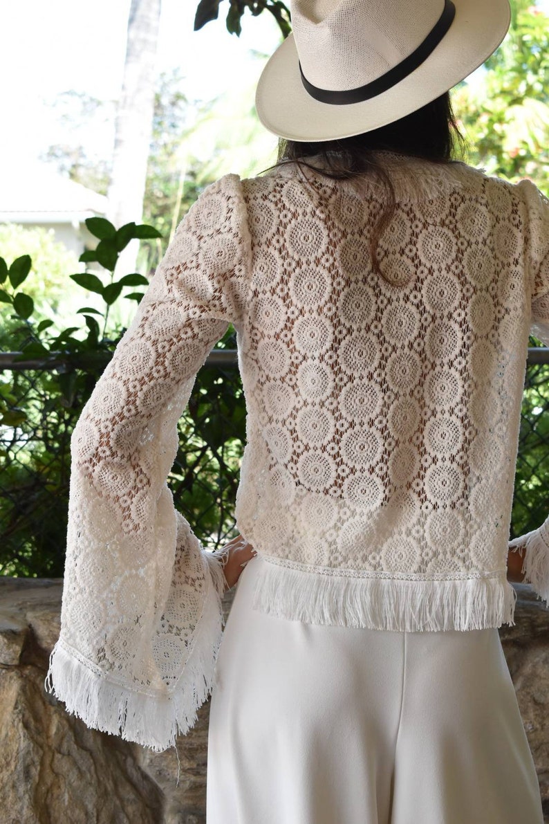 White Cotton Lace Top with Long Sleeves and Fringe Trim, Bohemian Long Sleeve Top, Vintage Style White Lace Top, White Lace Bolero Cover Up image 8