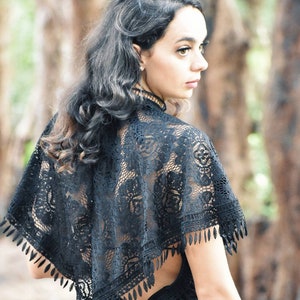 Black Lace Wedding Cape with Lace Fringe, Lace Bridal Cape with Fringe Trim, Wedding Shawl with Black Lace and Fringe