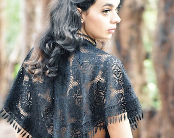 Black Lace Wedding Cape with Lace Fringe, Lace Bridal Cape with Fringe Trim, Wedding Shawl with Black Lace and Fringe