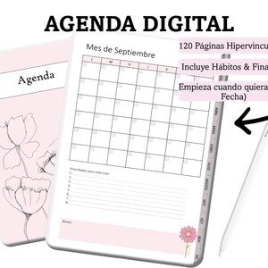 Puede incluir: Una agenda digital con portada rosa claro que presenta un dibujo floral de líneas y una página de calendario mensual titulada Mes de Septiembre. La agenda incluye 120 páginas hipervinculadas, rastreadores de hábitos y finanzas, y un lápiz óptico blanco.