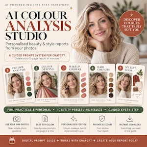 Op de afbeelding: Een digitale gids getiteld AI Colour Analysis Studio met vijf stappen voor gepersonaliseerde schoonheidsrapporten. De lay-out bevat tekst, iconen en afbeeldingen van een persoon, met een prompt-systeem voor ChatGPT voor kleuradvies.