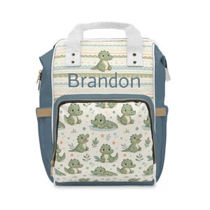 Peut inclure: Un sac à dos bleu avec une poche avant blanche ornée d'un motif répétitif de crocodiles verts, de feuilles et d'étoiles. La partie supérieure présente des rayures horizontales, un crocodile et le prénom Brandon écrit en bleu.