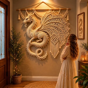 May include: A large, off-white macrame wall hanging featuring an intricate dragon design with detailed scales, a long coiled tail, and expansive, ornate wings. The piece is suspended from a wooden rod with decorative tassels hanging from the top corners.
