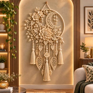 May include: A cream-colored macrame wall hanging featuring a circular hoop, a crescent moon, and large central floral motifs. The piece is adorned with intricate leaf patterns, hanging beaded strands, and long, thick tassels at the bottom.