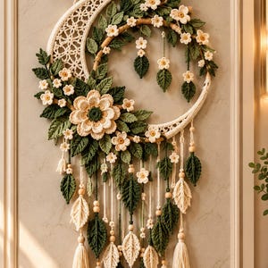 Patrón PDF para tapiz floral de macramé, decoración bohemia de luna creciente DIY