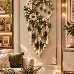 Könnte beinhalten: Ein Makramee-Wandbehang in Form eines Halbmonds aus cremefarbener Kordel, grünen gehäkelten Blättern und cremefarbenen Stoffblumen. Das Design umfasst hängende Stränge mit Holzperlen, blattförmigen Akzenten und kleinen Quasten am unteren Ende.