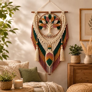 Op de afbeelding: Een macramé wandhanger met een centrale houten ring met een levensboomontwerp gemaakt van crème, groen, geel en roze koord. Het stuk bevat gelaagde franjes, houten kralen en een groot bladvormig macramé-element aan de onderkant.