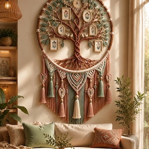 May include: A large circular macrame wall hanging featuring a central tree design with brown knotted roots and branches. The tree incorporates five small rectangular and oval picture frames, green fabric leaves, and a crescent moon. Tassels hang below.
