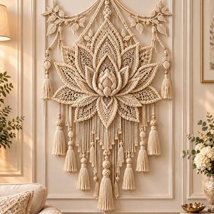 May include: A large, cream-colored macrame wall hanging featuring a central lotus flower design with intricate knotted patterns. The piece is suspended from a wooden ring and includes decorative leaf motifs, wooden beads, and multiple hanging tassels.
