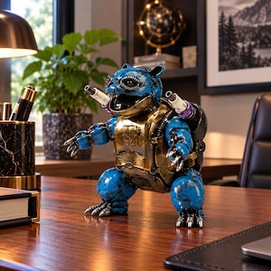 May include: A mechanical-style figurine of a blue and gold creature with a turtle-like shell, featuring two white cannons mounted on its back, sharp claws, and a weathered metallic finish, standing in a bipedal pose on a wooden surface.