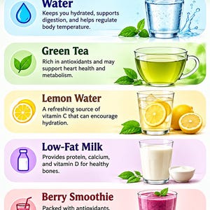 May include: An infographic titled 5 Helpful Drinks: Simple Drinks. Big Benefits. It lists water, green tea, lemon water, low-fat milk, and a berry smoothie with descriptions of their benefits, accompanied by illustrations of each drink and ingredients.
