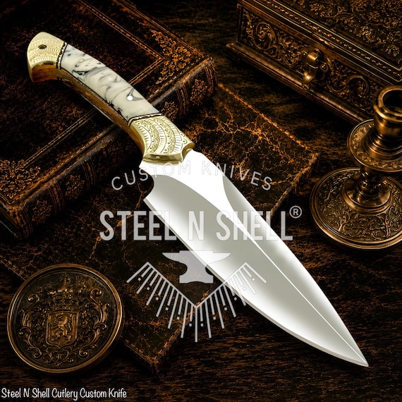 Custom D2 Steel Full Tang Knife Handmade, Engraved Brass Bolsters, Resin Handle, Leather Sheath