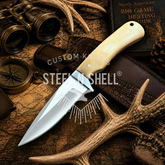 Custom Handmade D2 Steel Drop Point Hunter Knife, Full-Tang Micarta Handle, With Leather Sheath.