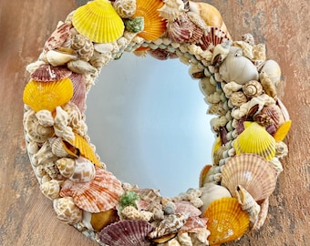 Seashell Mirror: Handmade Beachside Wall Decor, 12x12 Inch Nautical Accent.