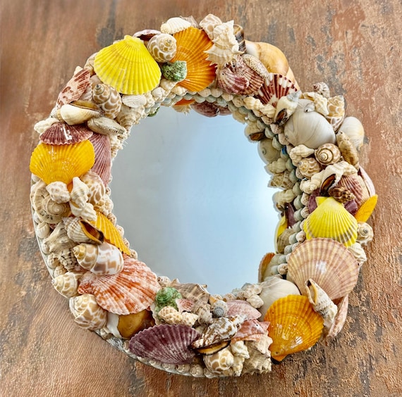 Handmade: Seashell Mirror Beachside Wall Decor, 12x12 Inch Nautical Accent.