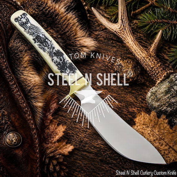 Custom Skinning Knife, Handmade D2 Steel, Engraved Camel Bone Handle, Brass Guard
