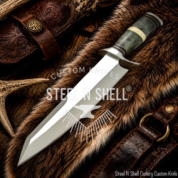 Custom D2 Steel Bowie Knife, Satin Finish, Camel Bone Burl Wood Handle, Leather Sheath