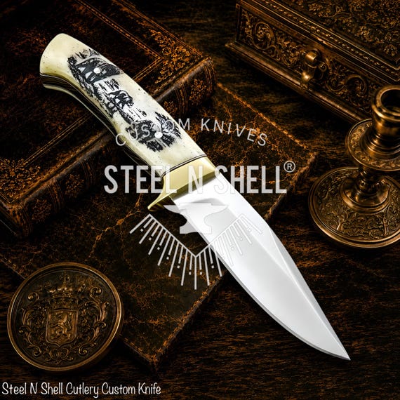Custom D2 Steel Skinning Knife, Camel Bone Handle, Bear Engraving, Brass Guard.