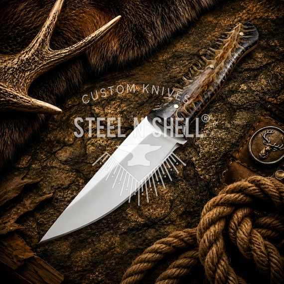 Custom Handmade D2 Steel Skinning Knife, Pine Cone Handle, Full-Tang, With Leather Sheath.