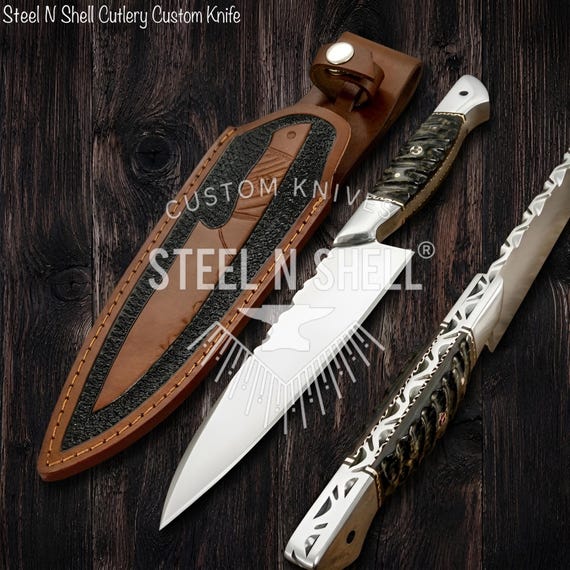 Custom D2 Steel Chef Knife with Leather Sheath - Handmade Kitchen Knife Personalized Gift.