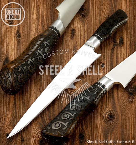 Custom Handmade D2 Steel Chef Knife, Slicing Knife, Carved Burl Wood Handle Cleaver.