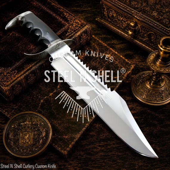 1-Of-A Kind Custom Handmade SawBack Bowie Knife, Damascus Guard & Pommel, Unique Collector Piece.