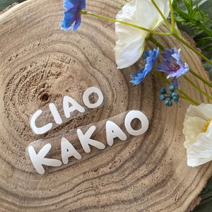 May include: Two white vinyl decals featuring the text CIAO and KAKAO in a rounded, bold sans-serif font. The stickers are placed on a circular wooden slice with visible tree rings, accompanied by white and blue artificial flowers.
